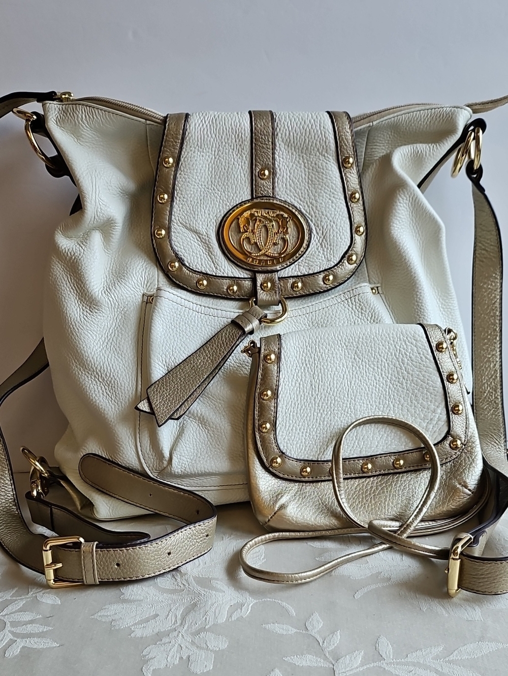 Sharif Cream Pebble Leather Convertable Backpack & Bag with Mini Bag Combo.